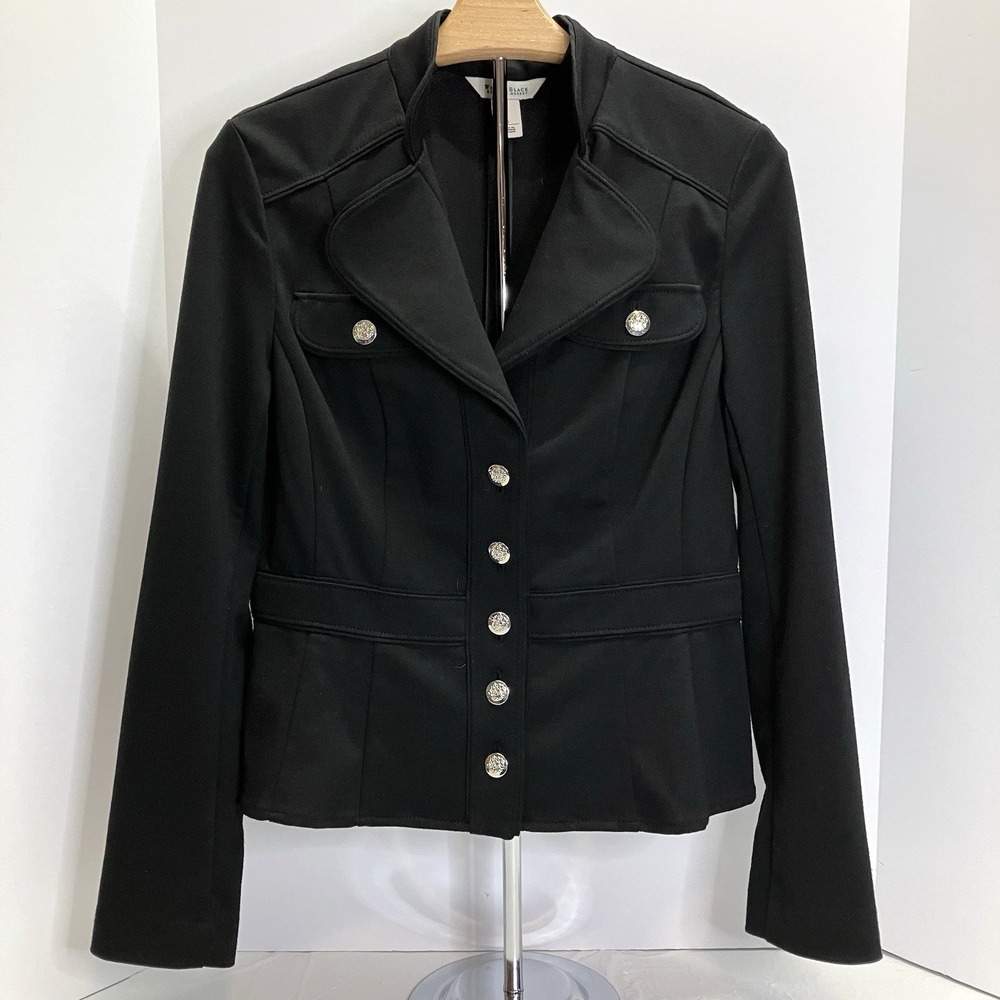 White House Black Market Womens Black Mandarin Collar Button Up Blazer Jacket 8